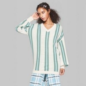 Wild Fable Oversized Striped V-Neck Tunic Sweater Balloon Sleeve Size XS